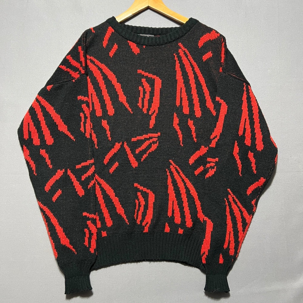 Vintage Barnaby Mens XL Black Red Abstract Geometric Knit Crewneck Sweater 80s